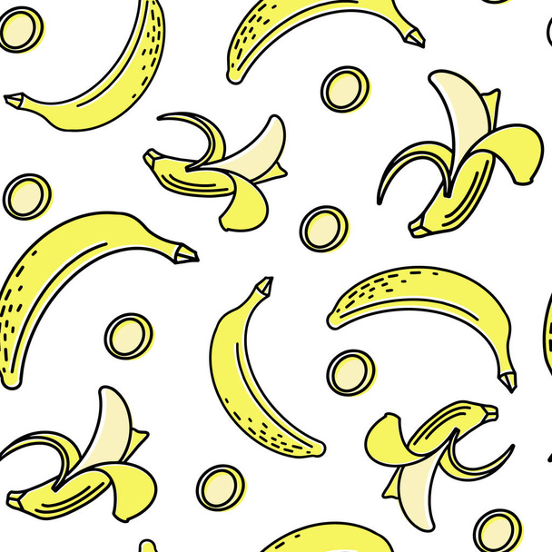 Zökkenőmentes elegáns minta banángyümölccsel. Egész gyümölcsök és szeletek vektorháttere. Lapos kialakítás. Ideális textilekhez, csomagolópapírhoz, tapétához. Illusztráció izolált fehér.  - Vektor, kép