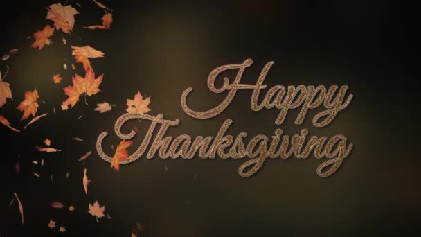 Gelukkige Thanksgiving tekst met herfst bladeren vallende animatie. Thanksgiving vakantie animatie achtergrond. Naadloze looping 4k - Video