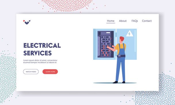 Electrical Services Landing Page Template. Energy and Electrical Safety. Electrician Character Examine Working Draft - Vector, Image