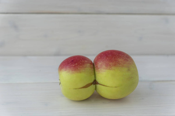 Nahaufnahme eines hässlichen roten und gelben Apfels - zwei Äpfel sind in einer, ungewöhnlich seltsamen Form von Obst, Biolebensmitteln, Kopierraum verbunden. - Foto, Bild