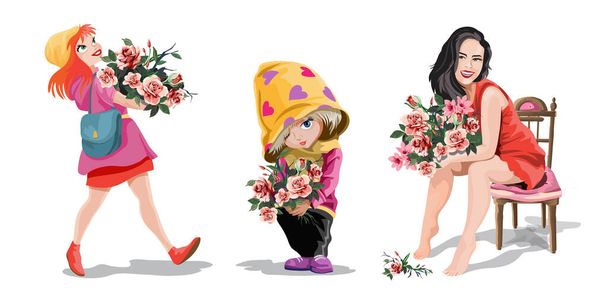 Set con un lindo alegre niñas sentarse, de pie camina y lleva un enorme ramo de flores en las manos. Personaje femenino sobre fondo blanco. Ilustración vectorial aislada - Vector, imagen