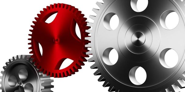 Gears or cogwheels with one red standing out on white background, business team, teamwork or strategy concept, 3D illustration - Foto, imagen