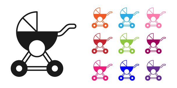 Black Baby stroller icon isolated on white background. Baby carriage, buggy, pram, stroller, wheel. Set icons colorful. Vector - Vecteur, image
