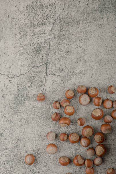 Nueces de macadamia saludables en cáscara sobre un fondo de piedra. Foto de alta calidad - Foto, imagen