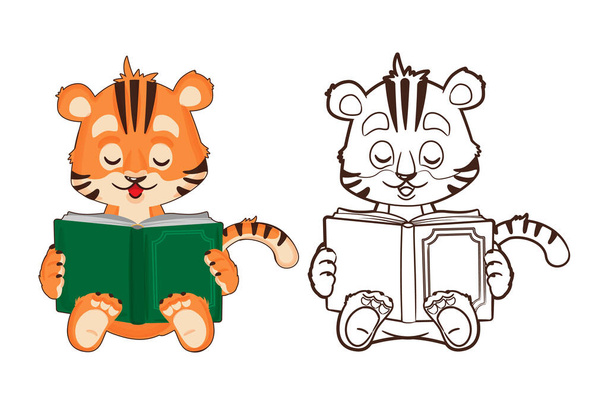 Kleurboek: tijgerwelp houdt een boek in zijn hand. Vector illustratie in cartoon stijl, zwart-wit lineart - Vector, afbeelding