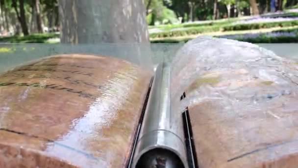 Fontanna, Estetyczna fontanna płynie od prawej do lewej, w parku - Materiał filmowy, wideo