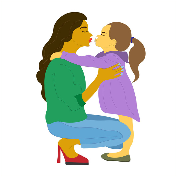 Die schöne Mutter umarmt ihre Tochter mit großer Liebe und Zärtlichkeit. Mutter und Kind. Muttertag, das Konzept des Feiertags. - Vektor, Bild