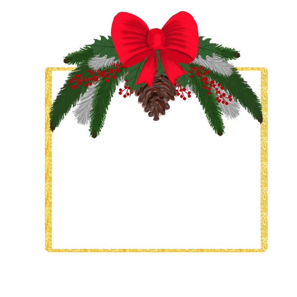 Christmas gold frame. Festive Composition. Elements for a greeting card. Invitation card. Design for decoration. Holiday party. Printed illustration. - Photo, image