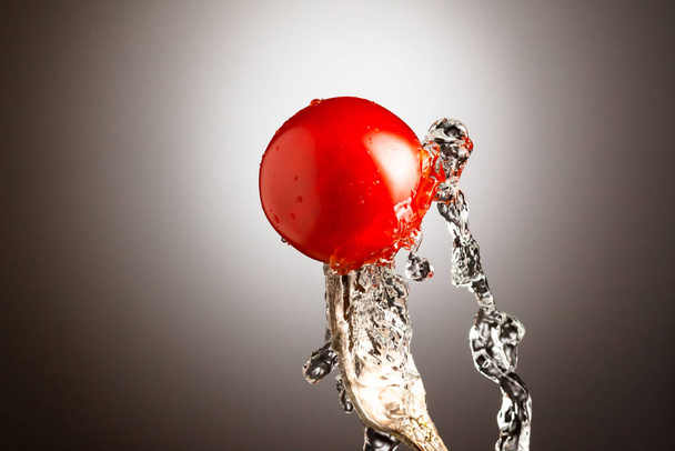 ripe cherry tomato on a metal fork. Splashes of water. Black white gradient background - Foto, immagini