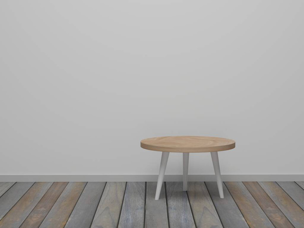 Habitación vacía minimalista abstracta con mesa de madera. Escena mínima abstracta diseño del comedor. Renderizado 3D, ilustración 3D - Foto, Imagen