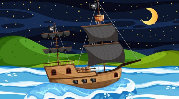 Ocean with Pirate ship at night scene in cartoon style illustration - Vector, imagen