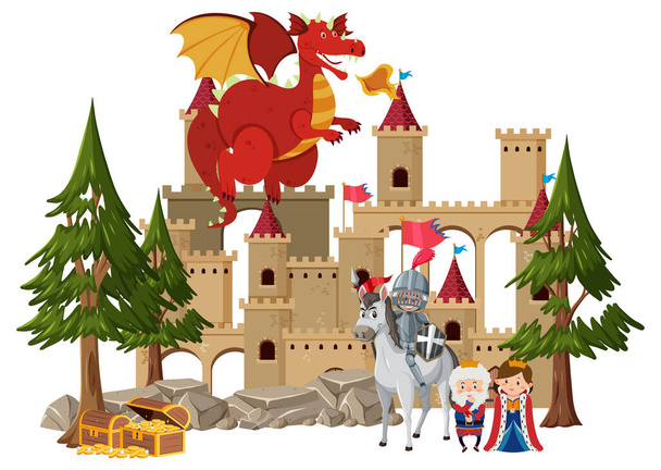 Lovagok harcolni sárkány a kastély illusztráció - Vektor, kép