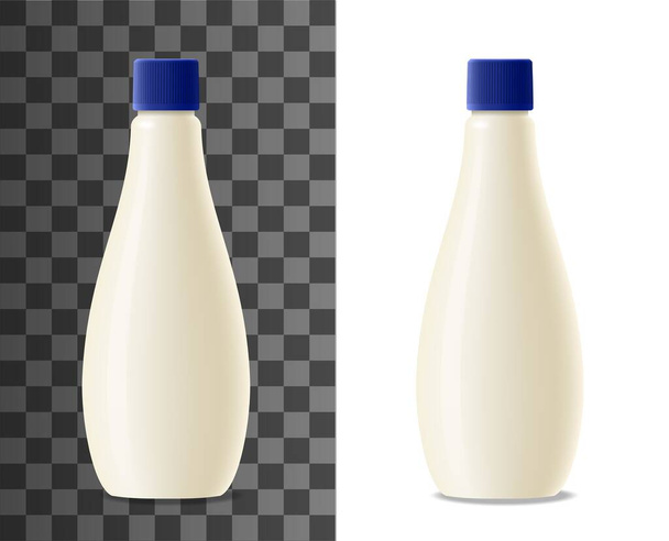 Maionese bottiglia di plastica imballaggio realistico finto. Latte, yogurt o crema di latticini confezione vuota, contenitore bianco vettore 3d con coperchio blu. Mockup di design della bottiglia di salsa Mayo - Vettoriali, immagini