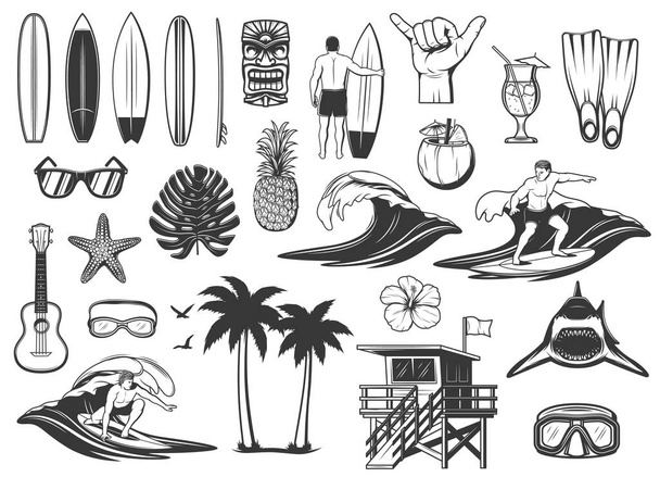 Серфінг дошка, океанічна хвиля і значки пляжного відпочинку. Серферна дошка, сонцезахисні окуляри та ананаси, коктейль з какао, акула, маска для підводного плавання та окуляри, квітка гібіскуса, рятувальна вежа та лапки
 - Вектор, зображення