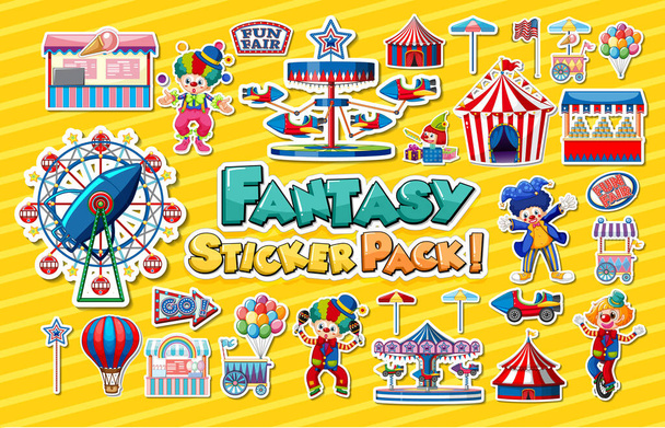 Sticker set avec illustration parc d'attractions et objets de fête foraine - Vecteur, image