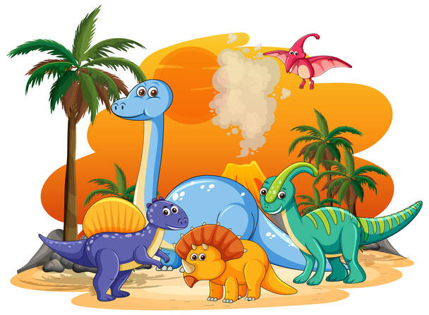 Molti simpatici dinosauri personaggio in terra preistorica isolato illustrazione - Vettoriali, immagini