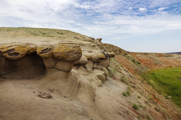 Bukobay yars, a product of wind erosion. Natural landscape and geological attraction. Sol-Iletsk district of the Orenburg region, Russia - Fotografie, Obrázek