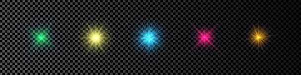 Linssisoihdutusten valovaikutus. Joukko viisi monivärinen hehkuva valot tähtipurske vaikutuksia kimaltelee tumma läpinäkyvä tausta. Vektoriesimerkki - Vektori, kuva
