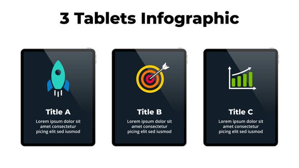 Ipad mock up. Infographic slide template. 3 steps, parts, options presentation. Business success color icons. User interface and experience tablet screen.  - Vector, Image
