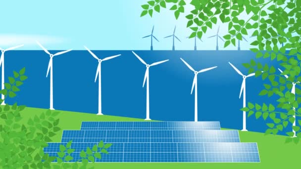 Иллюстрационное видео листьев и возобновляемых источников энергии солнечных батарей и энергии ветра, энергии океана  - Кадры, видео