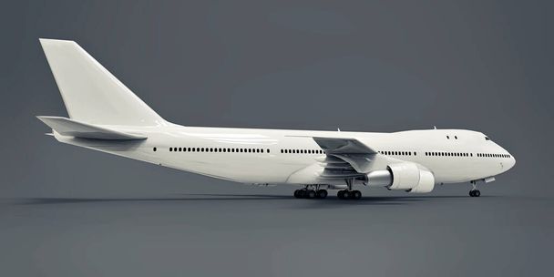 Grandes aviones de pasajeros de gran capacidad para largos vuelos transatlánticos. Avión blanco sobre fondo gris aislado. ilustración 3d - Foto, imagen