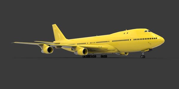 Grandes aviones de pasajeros de gran capacidad para largos vuelos transatlánticos. Avión amarillo sobre fondo gris aislado. ilustración 3d - Foto, imagen