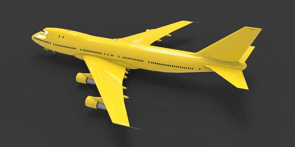 Uzun okyanus ötesi uçuşlar için büyük kapasiteli yolcu uçakları. Gri izole arka planda sarı bir uçak. 3d illüstrasyon - Fotoğraf, Görsel