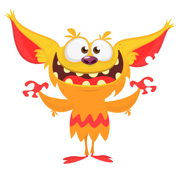 Happy cartoon orange monster. Halloween vector illustration of excited troll or gremlin character - Vector, Image