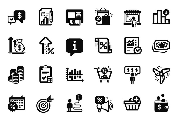 Vector Set of Finance icons related to Calendar discounts, Target and Shopping bags icons. Wind energy, Decreasing graph and Loyalty points signs. Report document, Increasing percent and Atm. Vector - Vettoriali, immagini