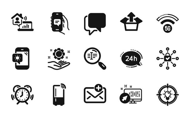 Vector set of Refrigerator, Time management and Talk bubble icons simple set. Chat app, 5g wifi and New mail icons. Weather phone, Web system and Work home signs. Vector - Vektor, obrázek