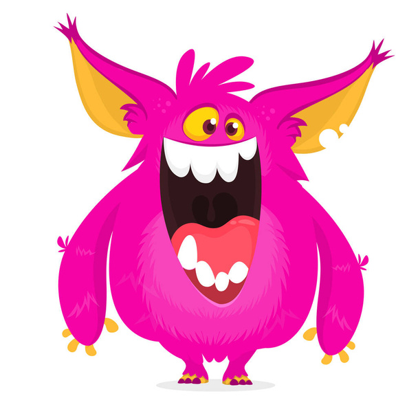Cute pink and horned cartoon monster. Funny flying monster with smiling expression and long tongue. Halloween vector illustration - Vettoriali, immagini