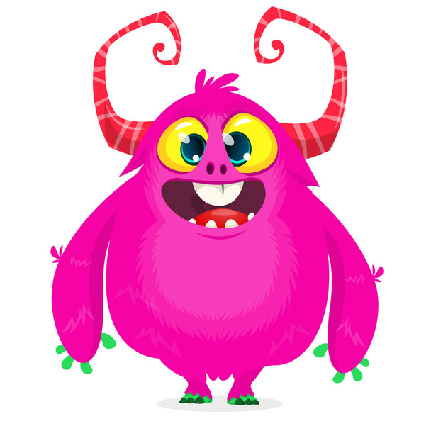 Happy cartoon monster. Halloween pink furry monster. Big collection of cute monsters. Halloween character. Vector illustrations. Good for book illustration, magazine prints or journal article - Vettoriali, immagini