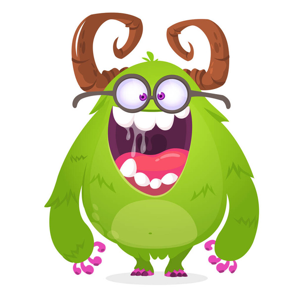 Cartoon green monster nerd wearing glasses. Vector illustration of excited monster character isolated - Vecteur, image