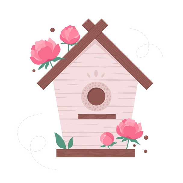 Holzvogelhaus mit Blumen dekoriert. Gartenvogelhaus zum Füttern von Vögeln. Vektorillustration - Vektor, Bild