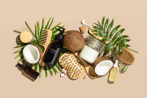 Spa coconut products flat lay, face, body and hair organic treatment concept - Fotografie, Obrázek