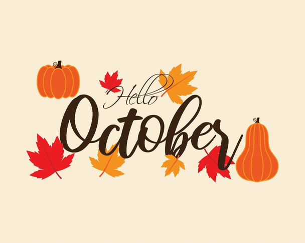Conceito de ilustração vetorial para banner de saudação Hello October com folhas de outono. - Vetor, Imagem