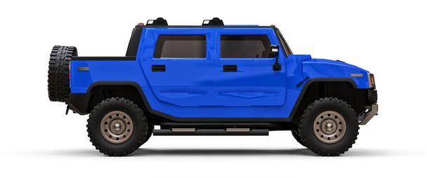 Large blue off-road pickup truck for countryside or expeditions on white isolated background. 3d illustration - Foto, afbeelding