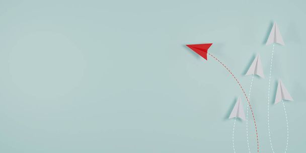 Avión de papel rojo fuera de línea con papel blanco para cambiar perturbar y encontrar una nueva forma normal en el fondo azul. Ascensor y creatividad empresarial nueva idea para descubrir tecnología de innovación. 3d renderizar - Foto, imagen
