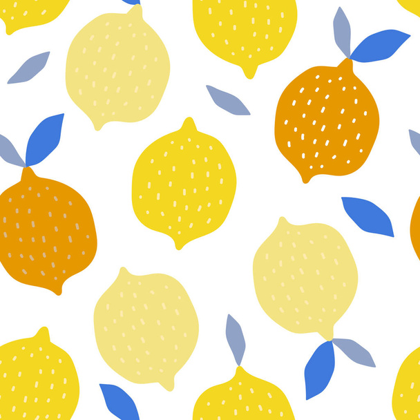 Fresh tropical seamless pattern with yellow lemons with blue leaves on white background. Fruit summer illustration for design, fabric, textile, cover, web. - Vetor, Imagem
