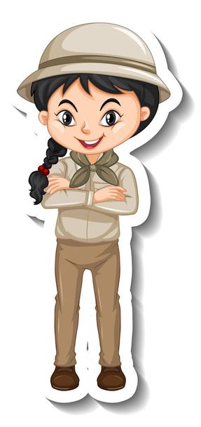 Fille en safari costume dessin animé personnage autocollant illustration - Vecteur, image