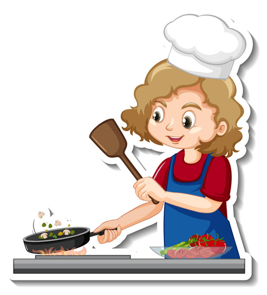 Etiqueta engomada diseño con chef chica cocina comida dibujos animados carácter ilustración - Vector, Imagen