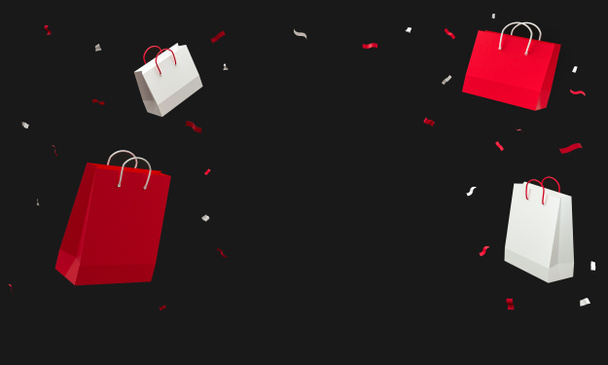 Einkaufstüten rot und weiß mit funkelnden Fahnen vor schwarzem Studiohintergrund. Black Fridays Rabatte. 3D-Darstellung. - Foto, Bild