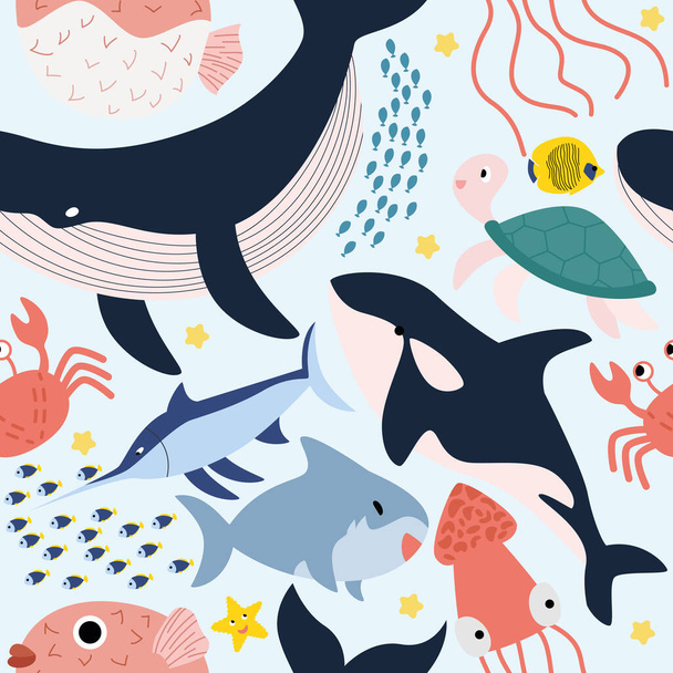 Nahtloses Muster mit Meerestieren, Fischen, Schwertwalen, Haien, Kraken, Schildkröten, Igelfischen, Sägefischen - Vektor, Bild