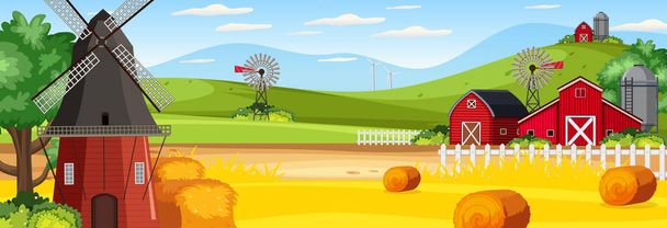 Αγροτεμάχιο οριζόντια σκηνή τοπίο με αχυρώνα και ανεμόμυλο εικονογράφηση - Διάνυσμα, εικόνα