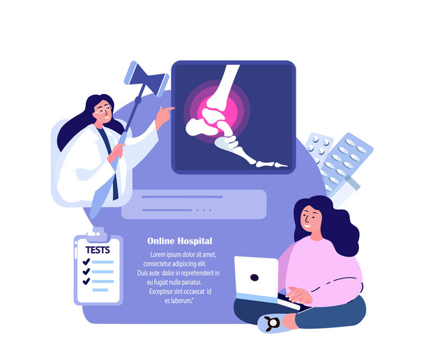 Online Traumatologist Orthopedist Doctor Consultate Woman Patient.Ankle Joint Pain,foot arthritis Inflammation,Osteoarthritis Diagnostic.Internet Treatment.Digital Medical Hospital.Vector Illustration - Vector, Image