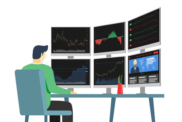 Biznesmen giełdowy handlowiec w miejscu pracy patrząc na wiele ekranów komputerowych z wykresów finansowych, wykresów i wykresów. Koncepcja analizy indeksu biznesowego. Wielomonitor obrotu na giełdzie maklerskiej - Wektor, obraz