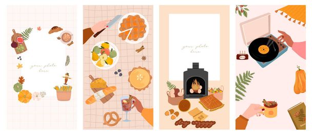 Set of stories template for social media with place for a photo. Autumn frame, seasonal food, decor, outfit. Cute illustration in Hygge style. Editable Vector Illustration. - ベクター画像