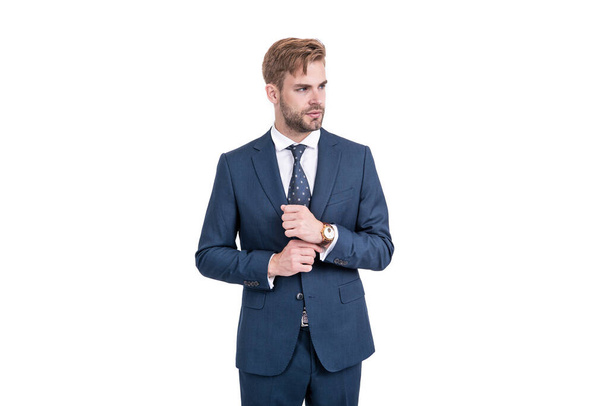 male formal fashion. boss with wristwatch. confident businessman isolated on white. - Zdjęcie, obraz