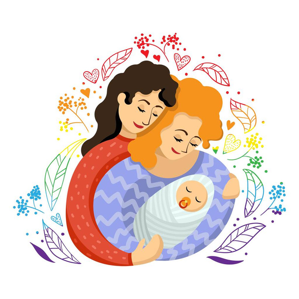 Schwules weibliches Paar mit zwei Müttern, die ein neugeborenes Baby umarmen, umgeben von Blättern im Cartoon-Stil. Vektorillustration - Vektor, Bild