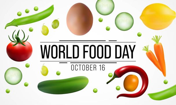 Dia Mundial da Alimentação é observado todos os anos em 16 de outubro, promove a conscientização global e ação para aqueles que sofrem de fome e para a necessidade de garantir dietas saudáveis para todos. Ilustração vetorial - Vetor, Imagem